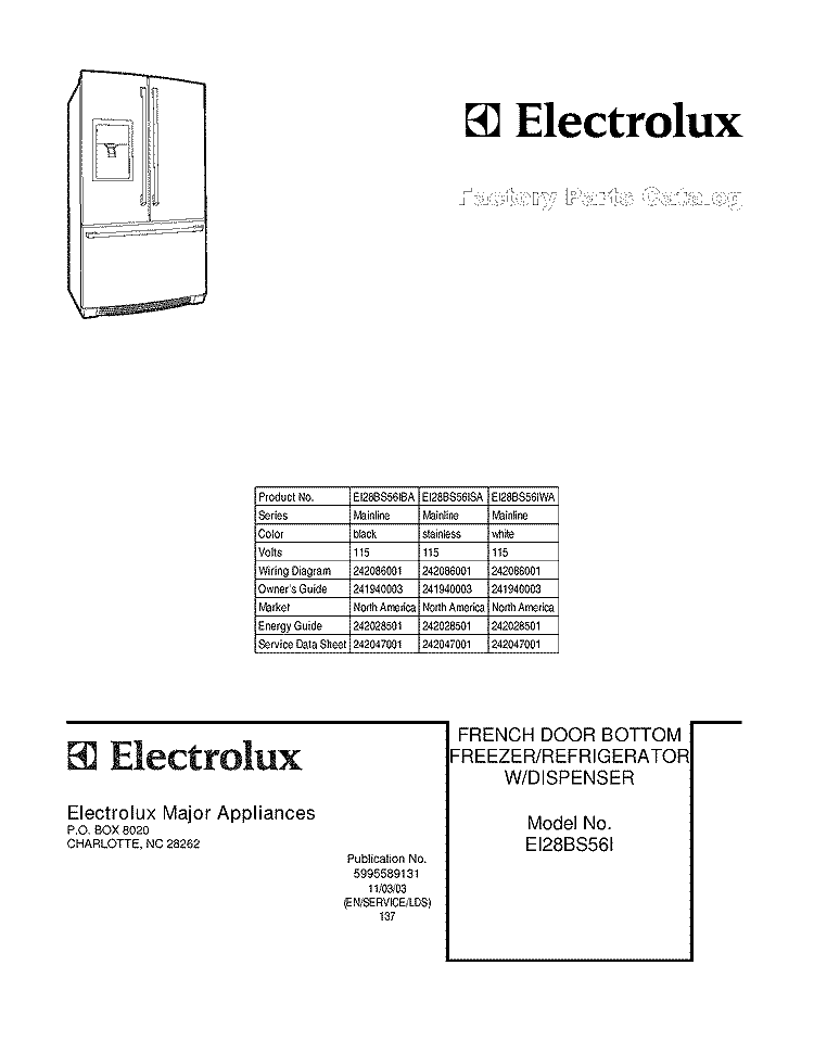 COVER Diagram and Parts List for EI28BS56IBA  Electrolux Refrigerator