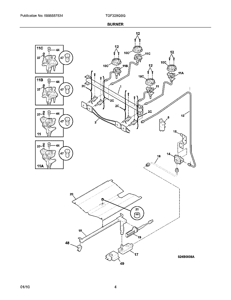 BURNER Diagram and Parts List for TGF328GSG  Tappan Range