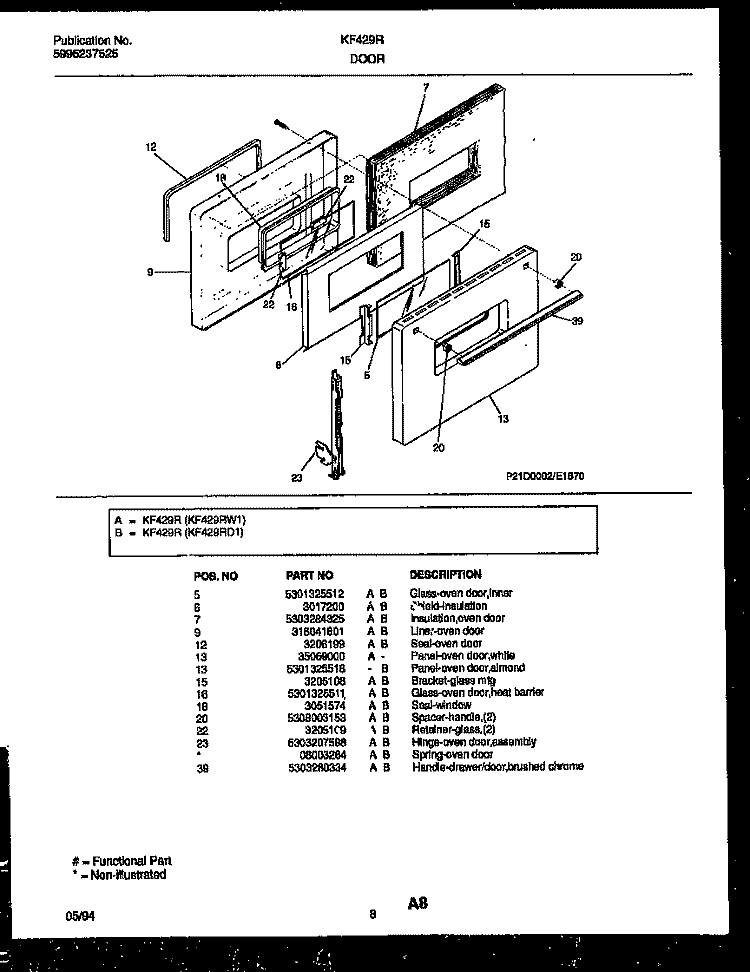 DOOR PARTS Diagram and Parts List for KF429RW1  Frigidaire Range