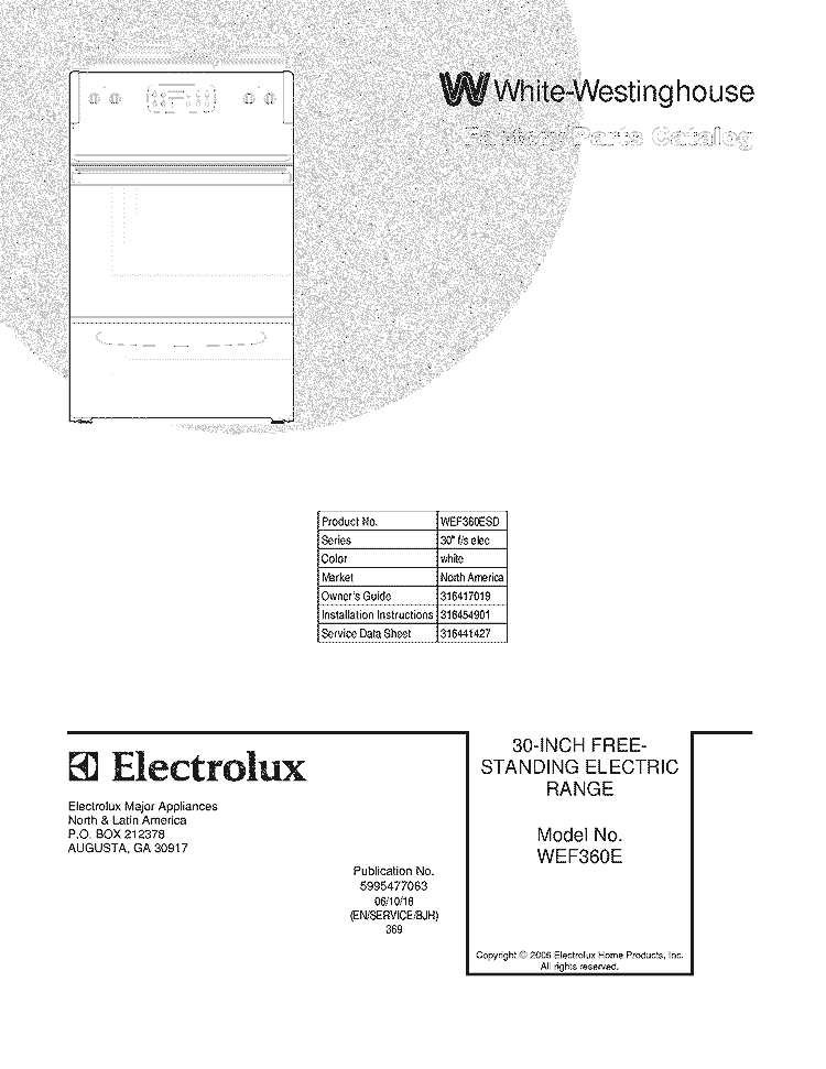 COVER Diagram and Parts List for WEF360ESD  Westinghouse Range