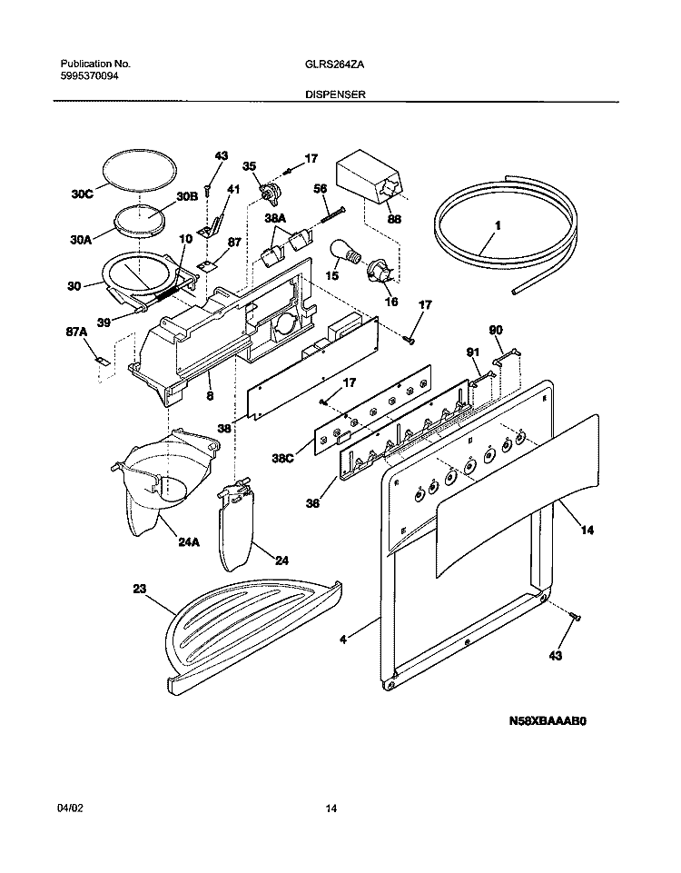 DISPENSER Diagram and Parts List for GLRS264ZAW4  Frigidaire Refrigerator
