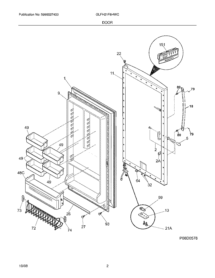 DOOR Diagram and Parts List for GLFH21F8HWC  Frigidaire Freezer