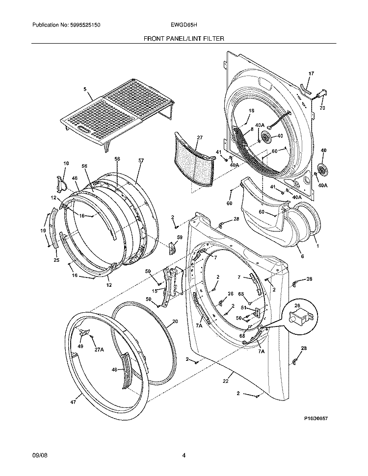 FRONT PANEL/LINT FILTER Diagram and Parts List for EWGD65HSS0  Electrolux Dryer