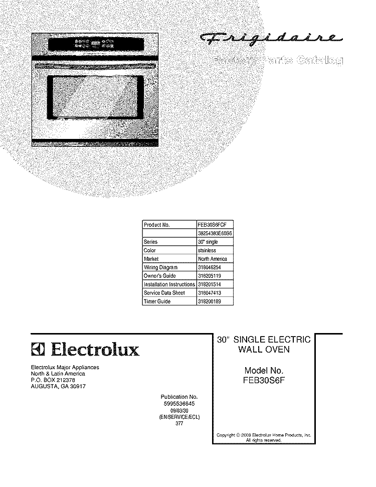 COVER Diagram and Parts List for FEB30S6FCF  Frigidaire Wall Oven