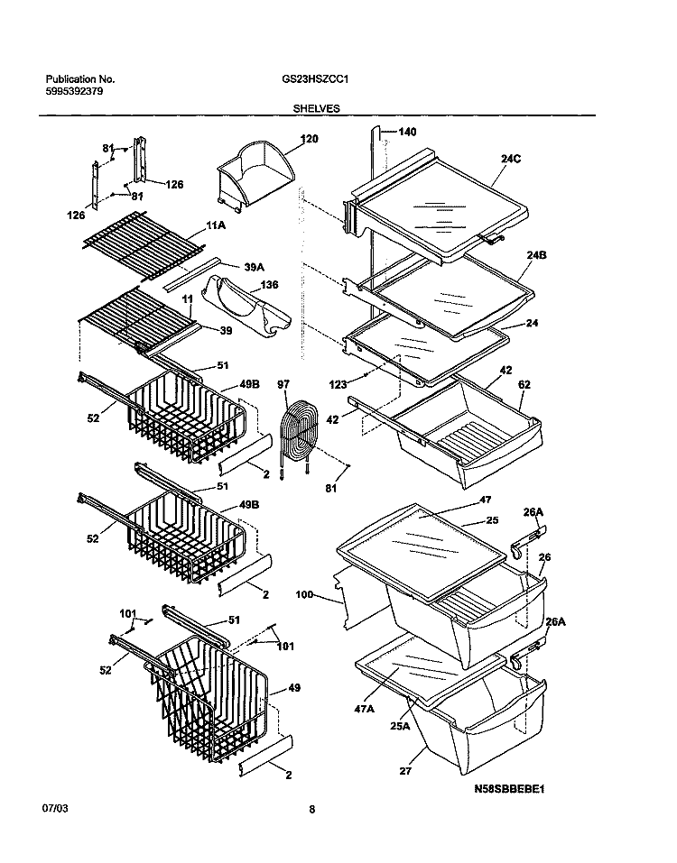 SHELVES Diagram and Parts List for GS23HSZCC1  Frigidaire Refrigerator