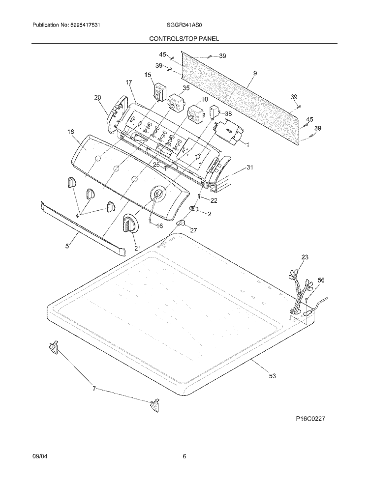 CONTROLS / TOP PANEL Diagram and Parts List for SGGR341AS0  Frigidaire Dryer