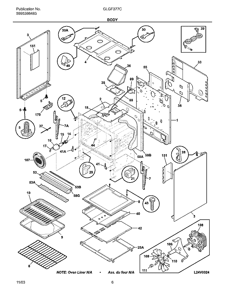 BODY Diagram and Parts List for GLGF377CQB  Frigidaire Range
