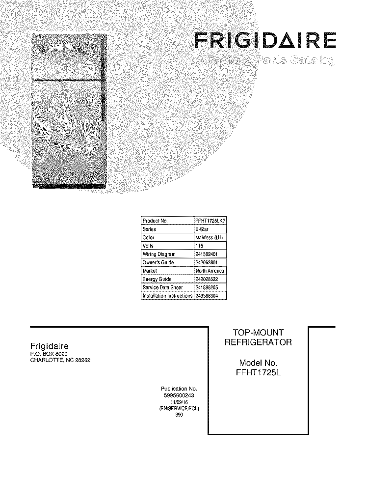 COVER Diagram and Parts List for FFHT1725LK7  Frigidaire Refrigerator