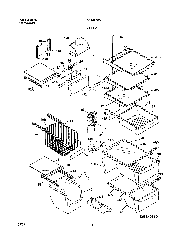 SHELVES Diagram and Parts List for FRS23H7CQ1  Frigidaire Refrigerator