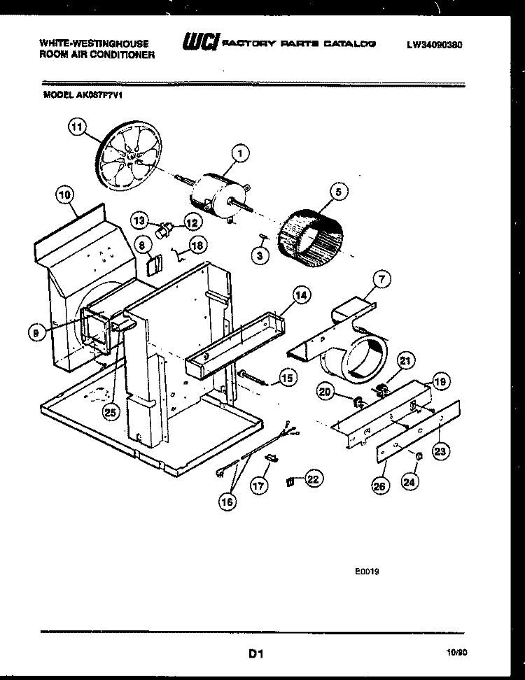 ELECTRICAL AND AIR HANDLING PARTS Diagram and Parts List for AK087P7V1  Frigidaire Air Conditioner