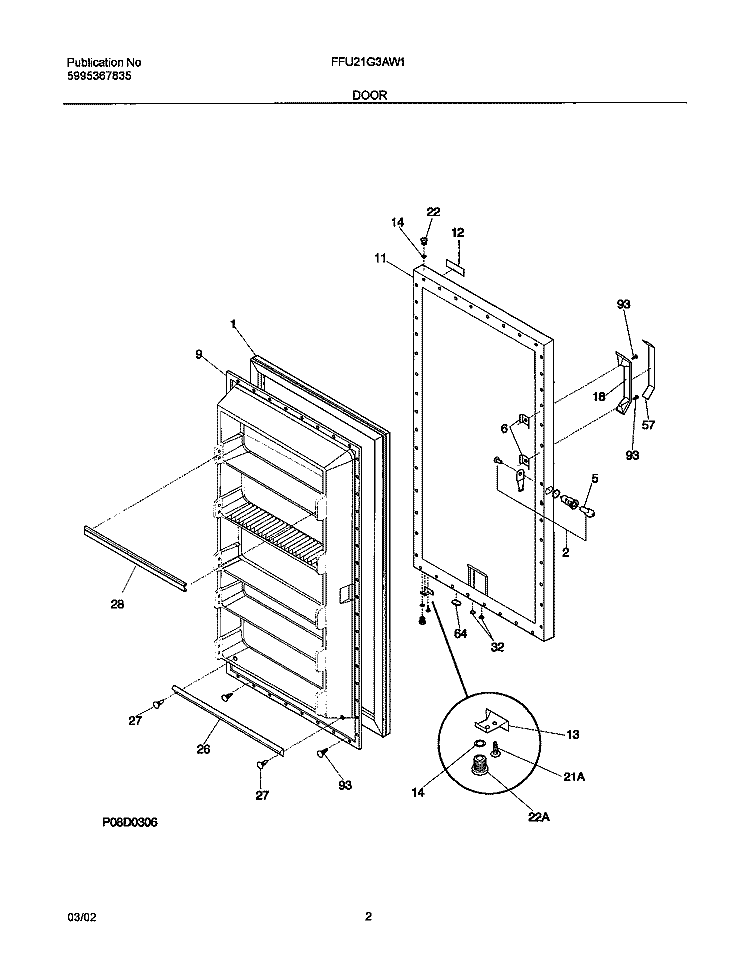 DOOR Diagram and Parts List for FFU21G3AW1  Frigidaire Freezer