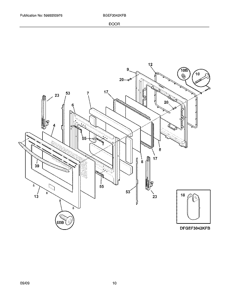 DOOR Diagram and Parts List for BGEF3042KFB  Frigidaire Range