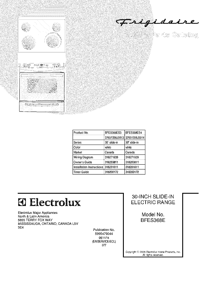 COVER Diagram and Parts List for BFES368ES4  Frigidaire Wall Oven