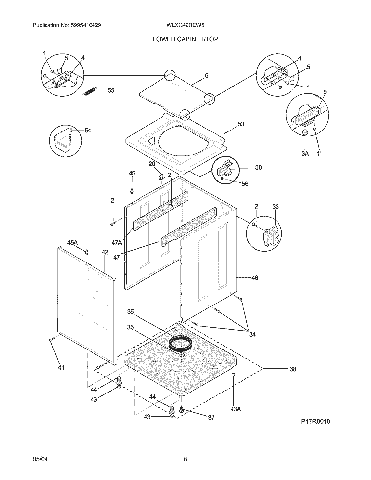 LOWER CABINET / TOP Diagram and Parts List for WLXG42REW5  Westinghouse Washer Dryer Combo