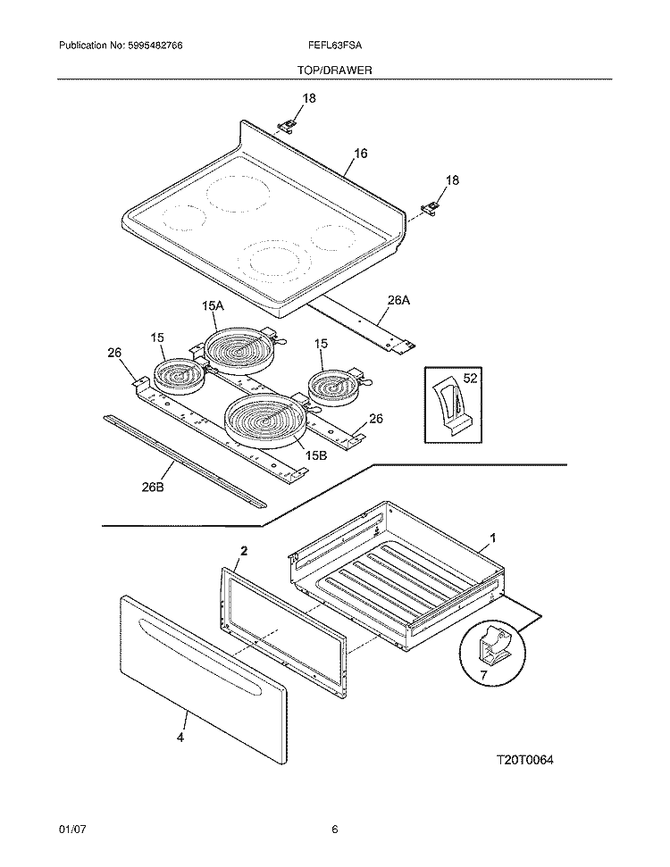 TOP / DRAWER Diagram and Parts List for FEFL63FSA  Frigidaire Range
