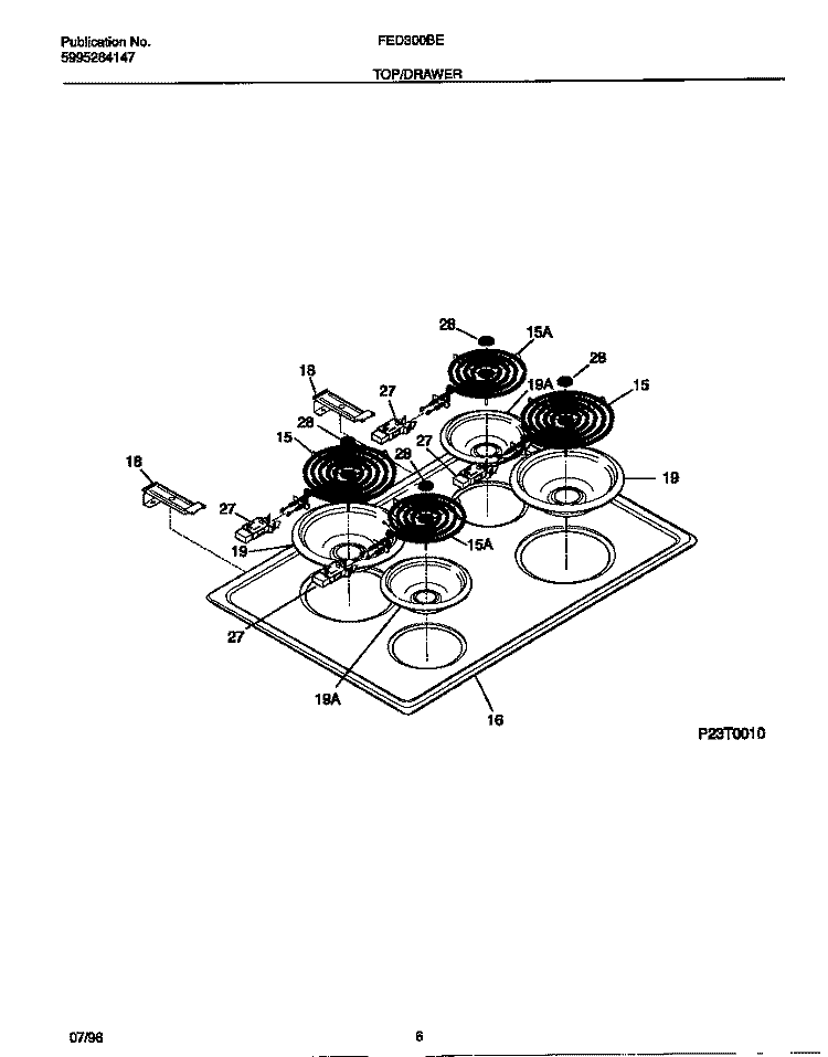 TOP / DRAWER Diagram and Parts List for FED300BEBA  Frigidaire Range