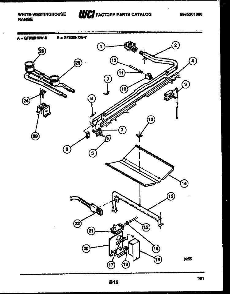 BURNER, MANIFOLD AND GAS CONTROL Diagram and Parts List for GF830HXD7  Frigidaire Range