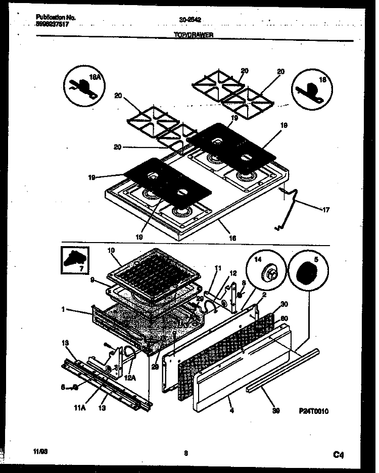 COOKTOP AND BROILER DRAWER PARTS Diagram and Parts List for 30-2542-00-02  Tappan Range