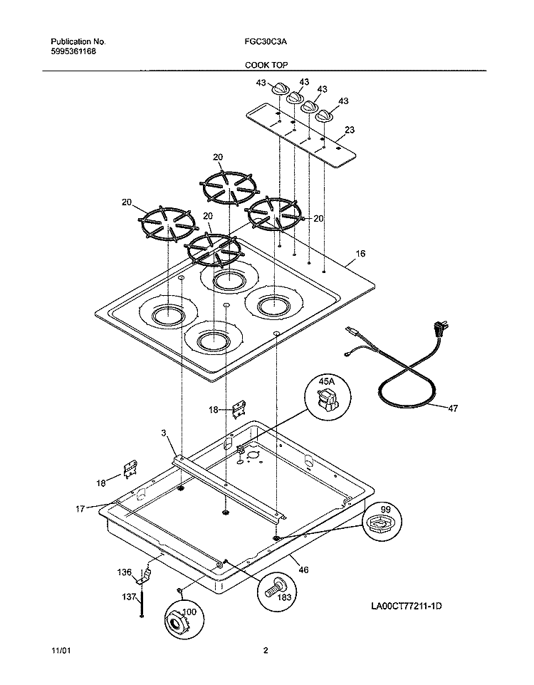 COOKTOP Diagram and Parts List for FGC30C3AWA  Frigidaire Cooktop