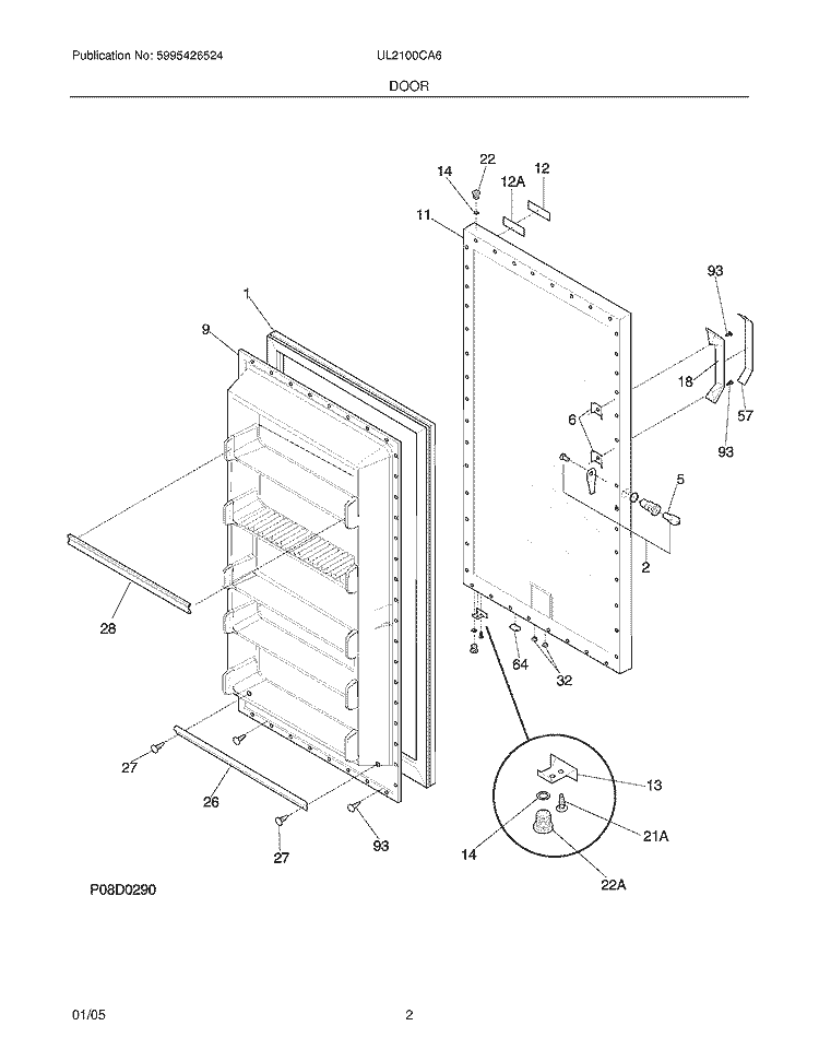 DOOR Diagram and Parts List for UL2100CA6  Electrolux Freezer