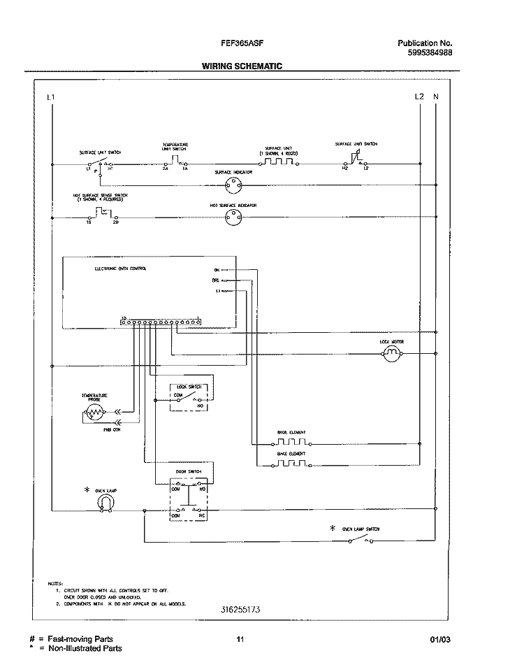 WIRING SCHEMATIC Diagram and Parts List for FEF365ASF  Frigidaire Range