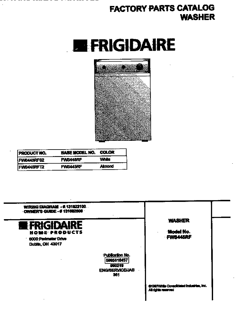 COVER Diagram and Parts List for FWS445RFT2  Frigidaire Washer