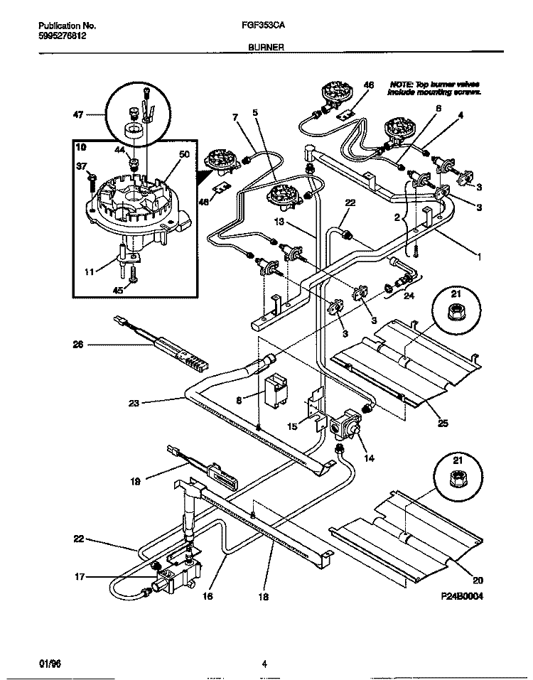 BURNER Diagram and Parts List for FGF353CASB  Frigidaire Range