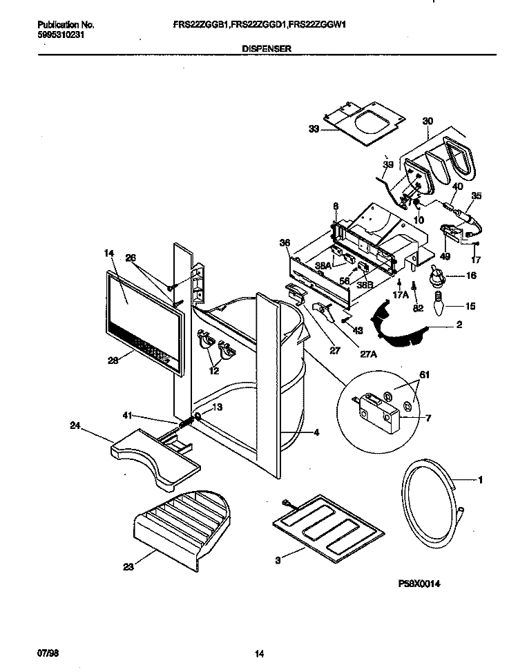 ICE DISPENSER Diagram and Parts List for FRS22ZGGD1  Frigidaire Refrigerator
