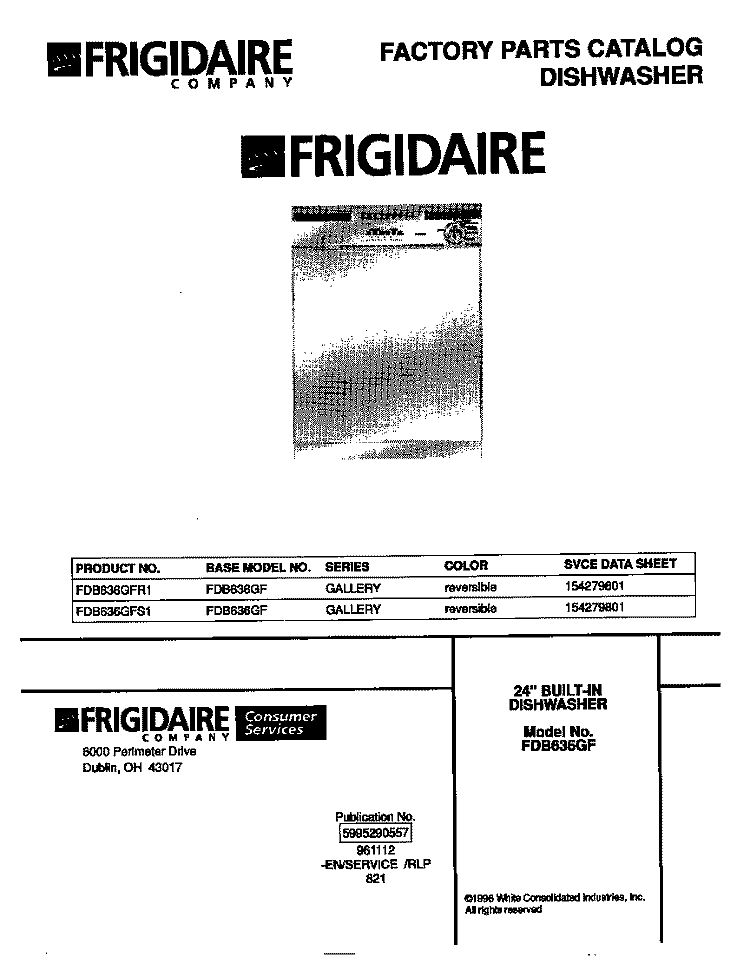 COVER Diagram and Parts List for FDB636GFS1  Frigidaire Dishwasher
