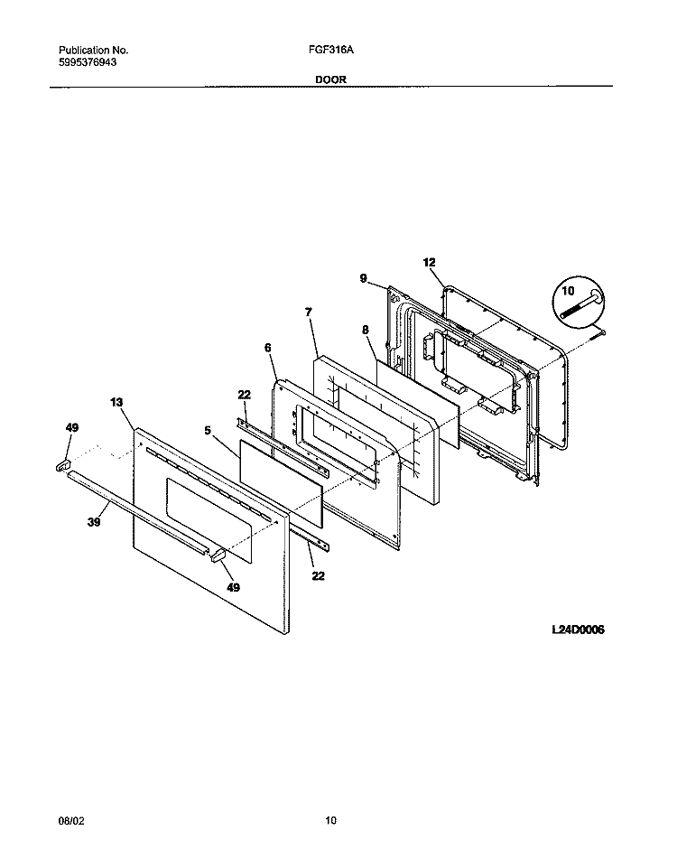 DOOR Diagram and Parts List for FGF316AQB  Frigidaire Range