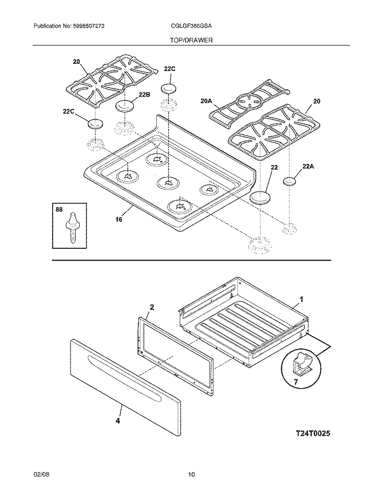 TOP / DRAWER Diagram and Parts List for CGLGF386GSA  Frigidaire Range