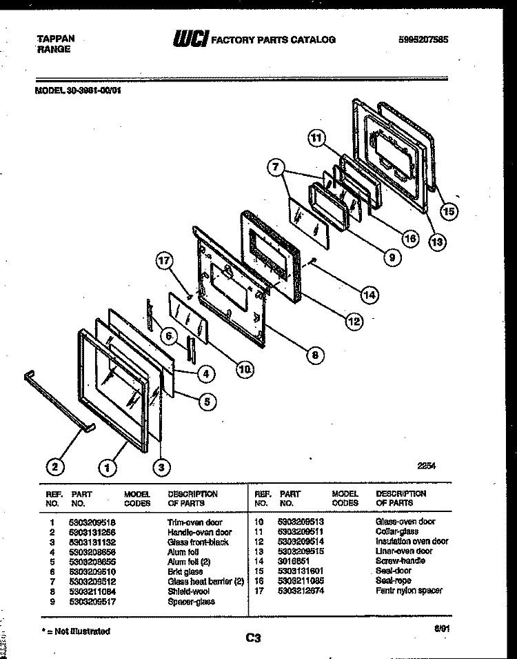 DOOR PARTS Diagram and Parts List for 30-3981-23-01  Tappan Range