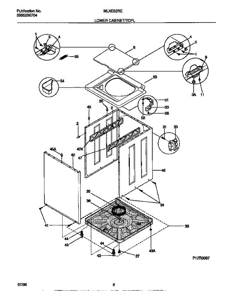 LOWER CABINET / TOP Diagram and Parts List for MLXE62REW1  Frigidaire Washer Dryer Combo