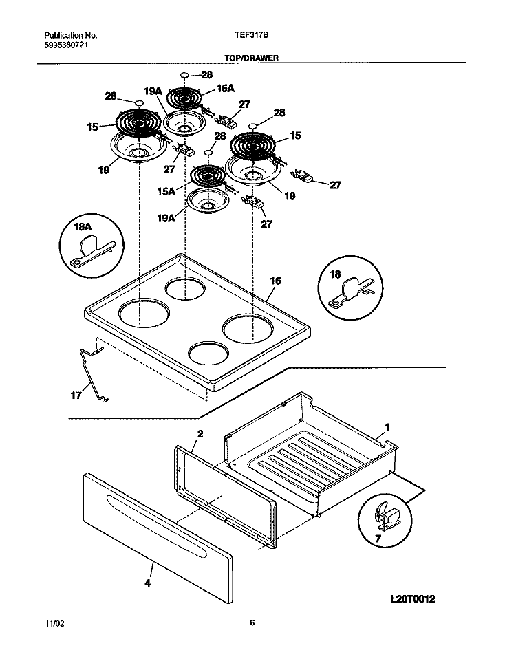 TOP / DRAWER Diagram and Parts List for TEF317BUA  Tappan Range