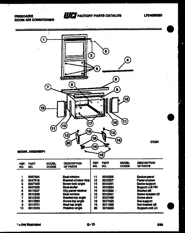 WINDOW MOUNTING PARTS Diagram and Parts List for AR22NS5F1  Frigidaire Air Conditioner