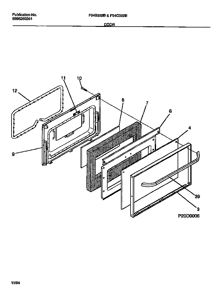 DOOR Diagram and Parts List for F04B322BDA  Frigidaire Range