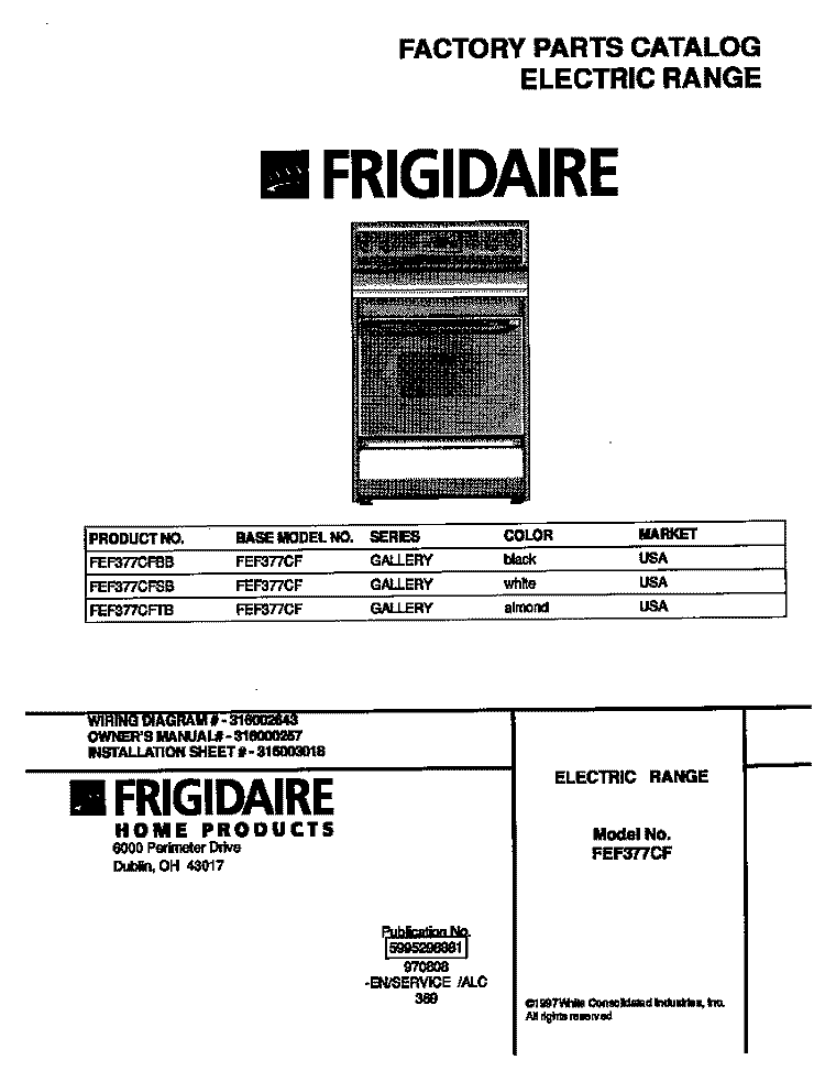 COVER Diagram and Parts List for FEF377CFBB  Frigidaire Range