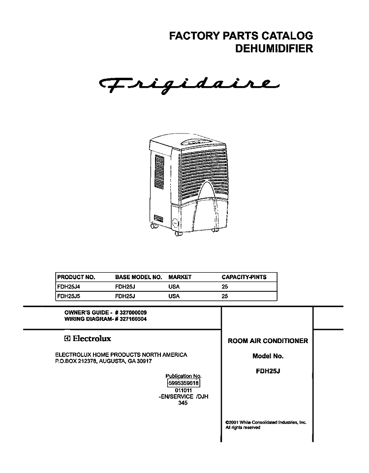COVER Diagram and Parts List for FDH25J4  Frigidaire Dehumidifier