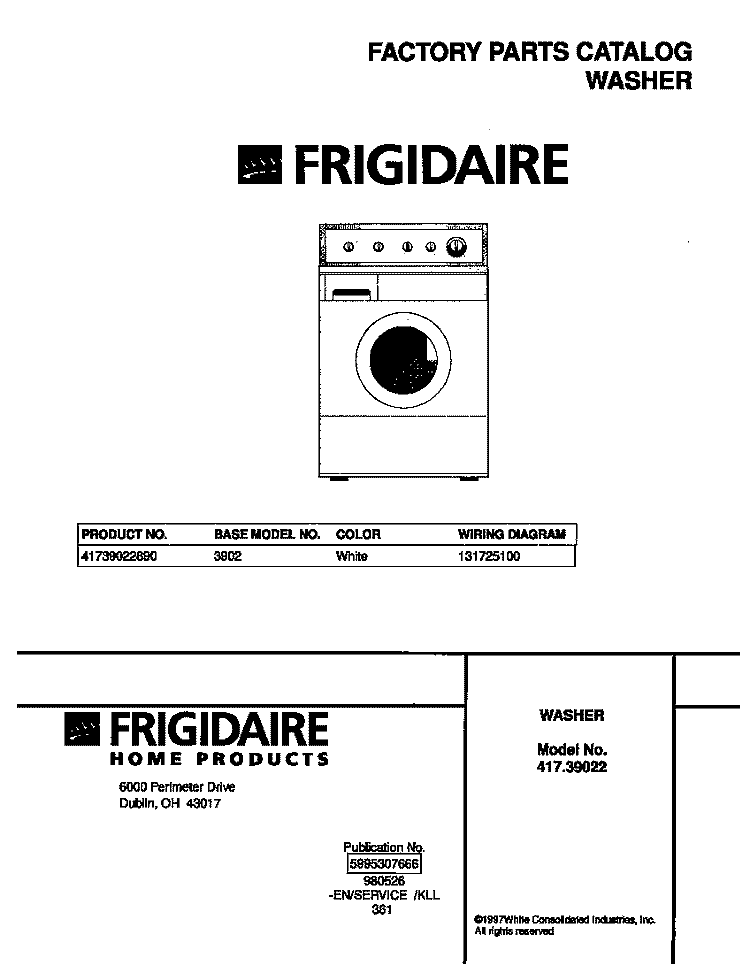 COVER Diagram and Parts List for 41739022890  Frigidaire Washer