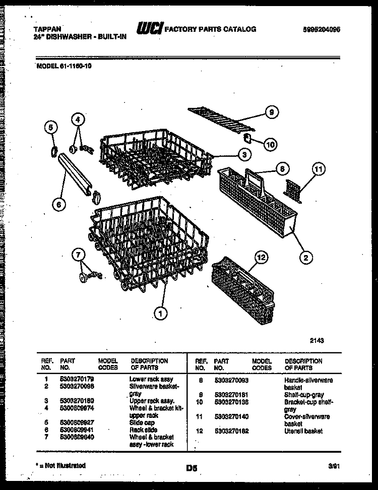 RACKS AND TRAYS Diagram and Parts List for 61-1160-23  Tappan Dishwasher