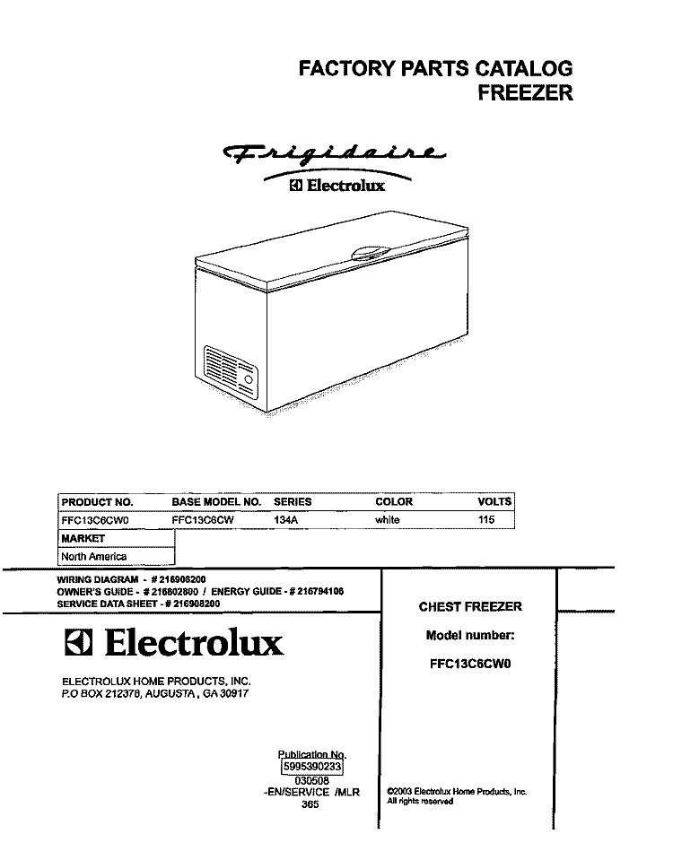 COVER Diagram and Parts List for FFC13C6CW0  Frigidaire Freezer