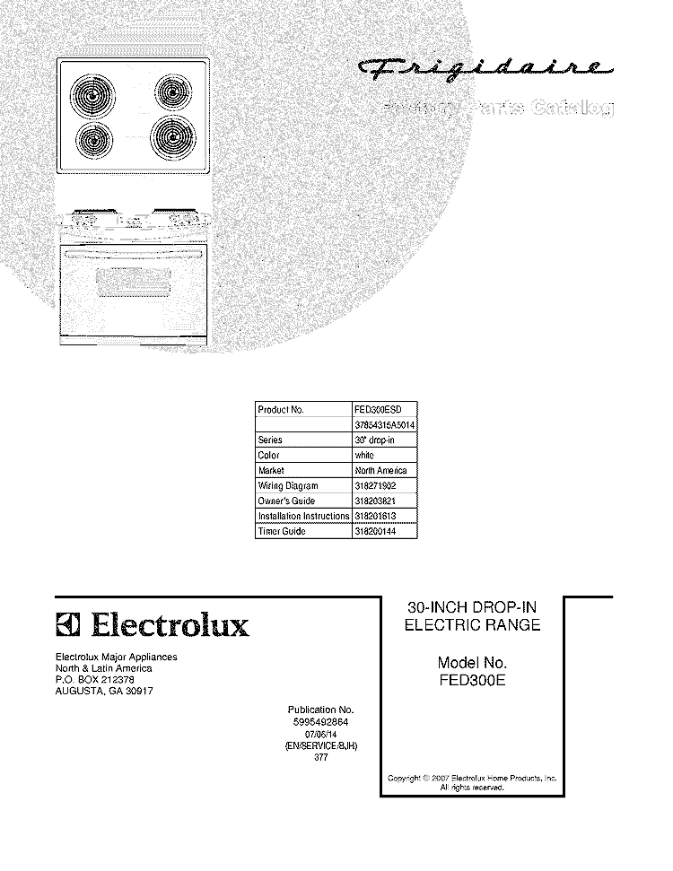 COVER Diagram and Parts List for FED300ESD  Frigidaire Range