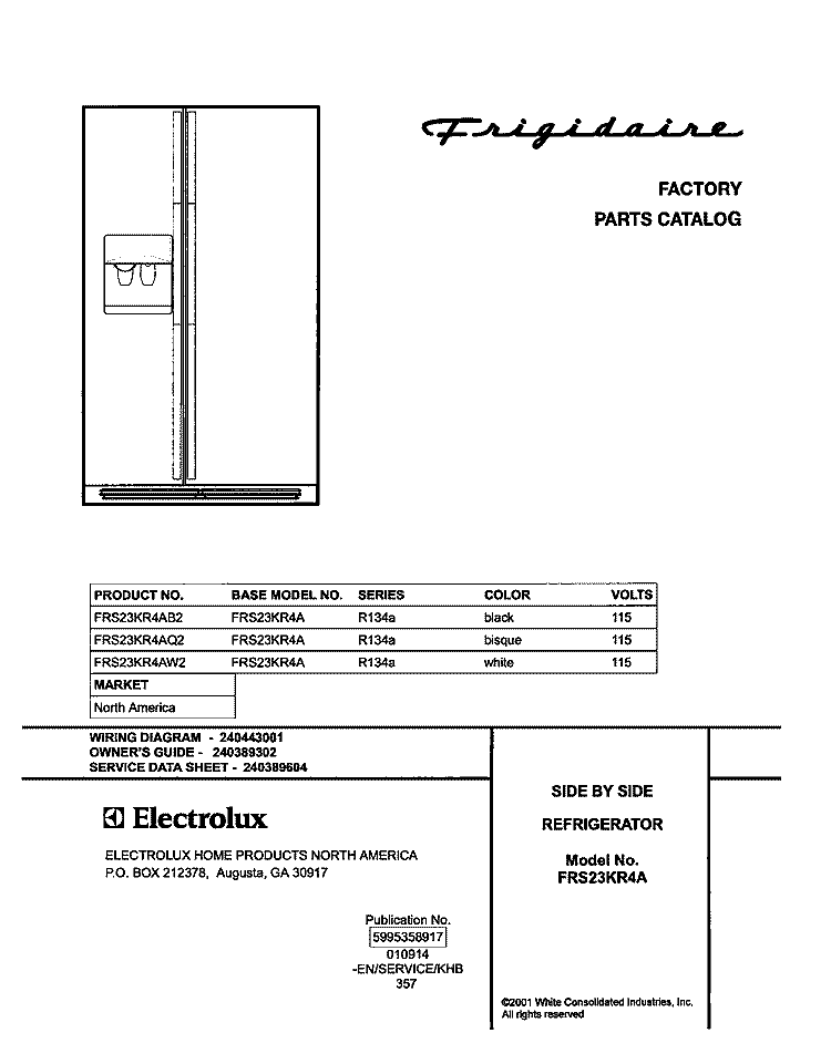 COVER Diagram and Parts List for FRS23KR4AW2  Frigidaire Refrigerator