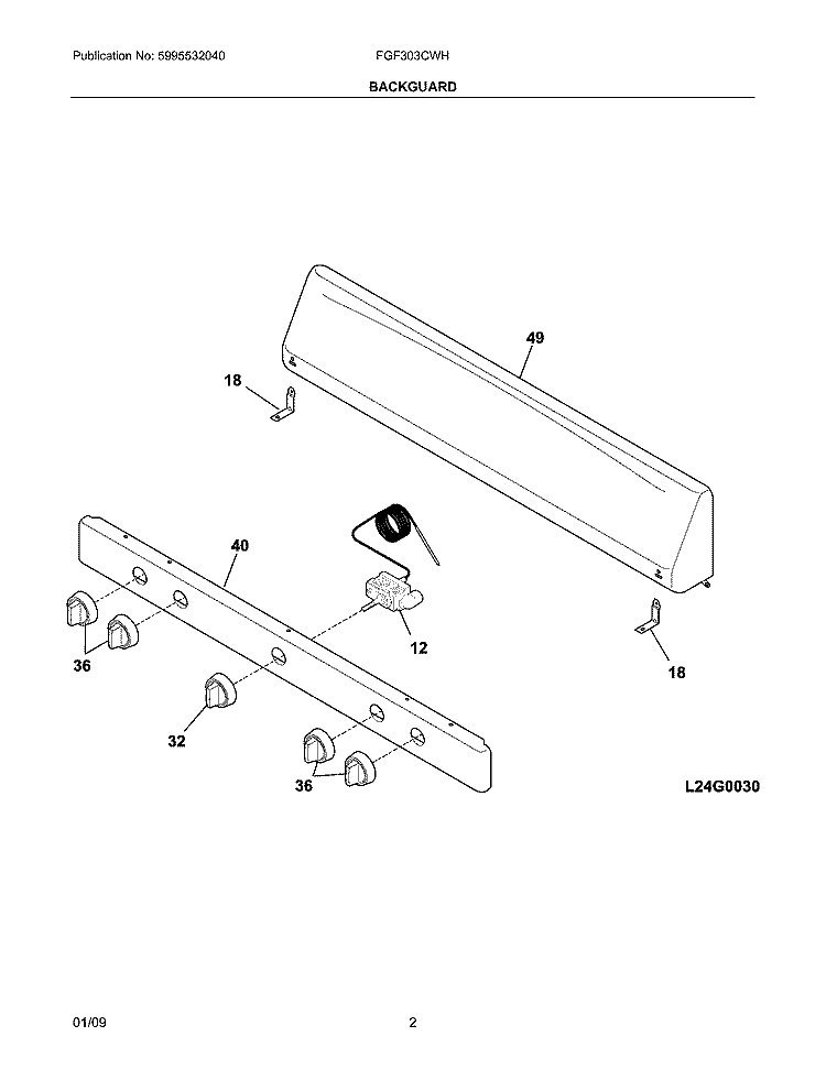 BACKGUARD Diagram and Parts List for FGF303CWH  Frigidaire Range