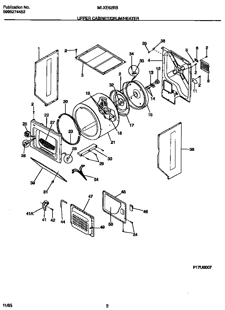 UPPER CABINET / DRUM / HEATER Diagram and Parts List for MLXE62RBD2  Frigidaire Washer Dryer Combo