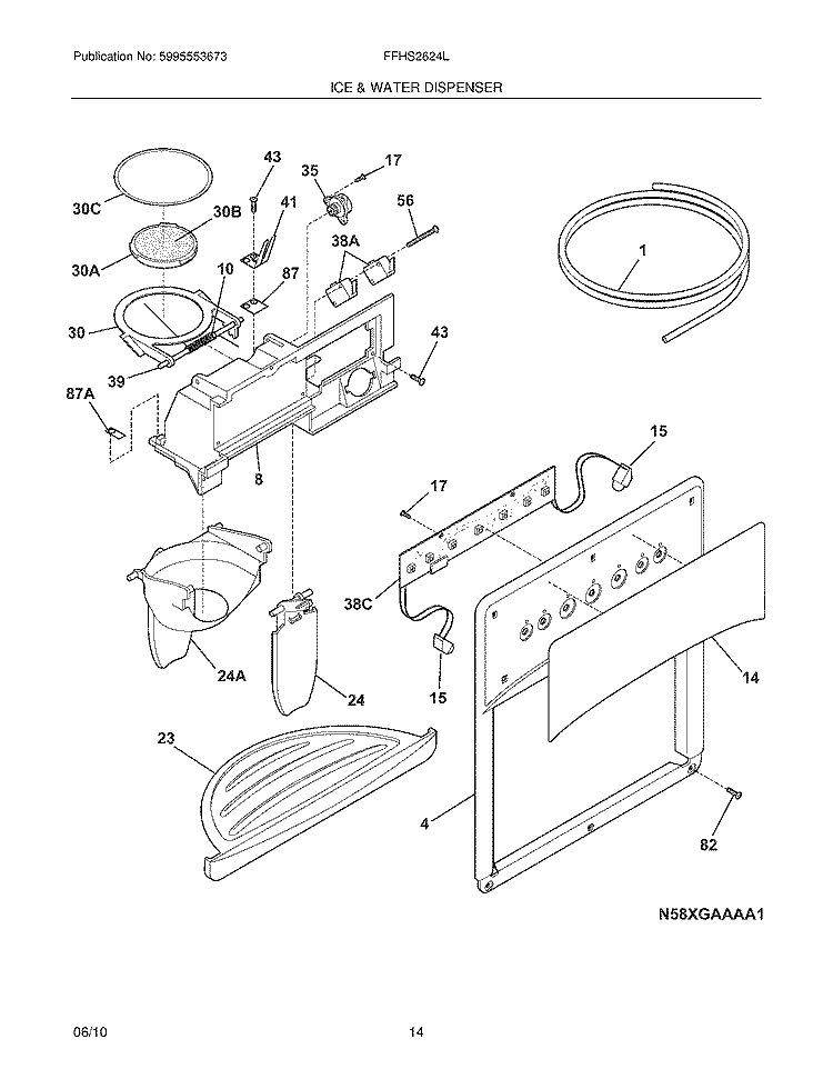 ICE & WATER DISPENSER Diagram and Parts List for FFHS2624LP0  Frigidaire Refrigerator