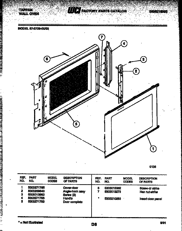 UPPER OVEN DOOR PARTS Diagram and Parts List for 57-2729-00-02  Tappan Microwave Oven Combo