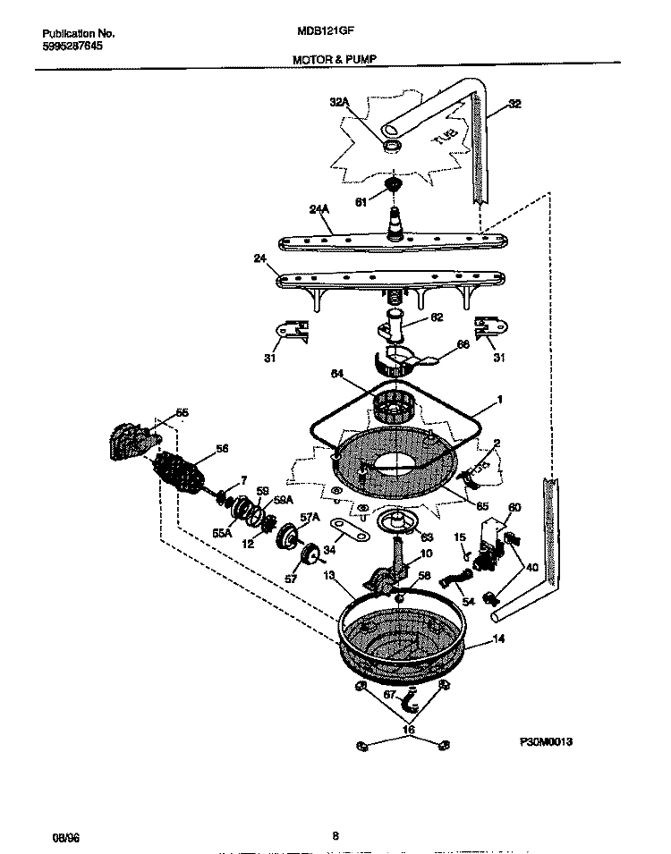 MOTOR & PUMP Diagram and Parts List for MDB121GFR0  Frigidaire Dishwasher