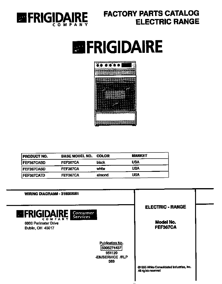 COVER Diagram and Parts List for FEF367CASD  Frigidaire Range