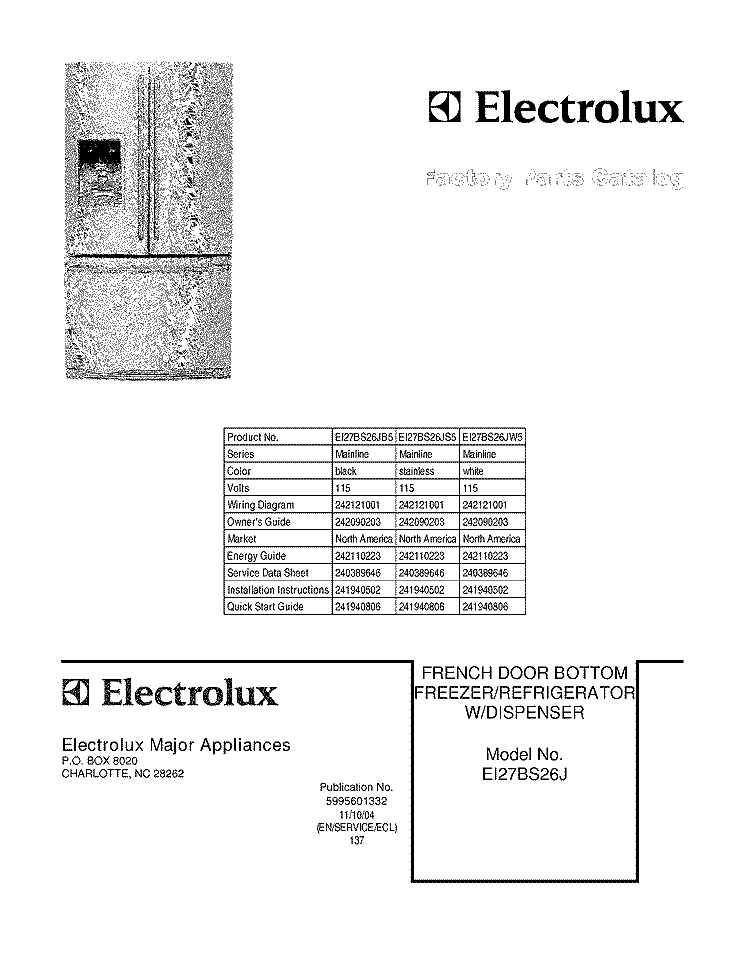 COVER Diagram and Parts List for EI27BS26JB5  Electrolux Refrigerator